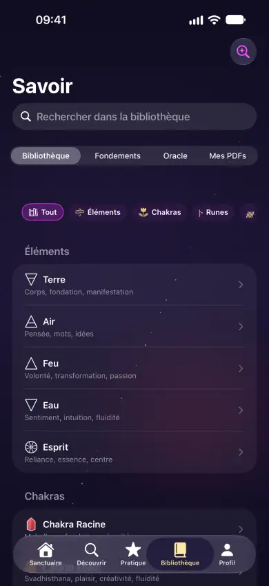 App Hekether sur iPhone : bibliothèque d'herbes, de cristaux, de runes et de sources