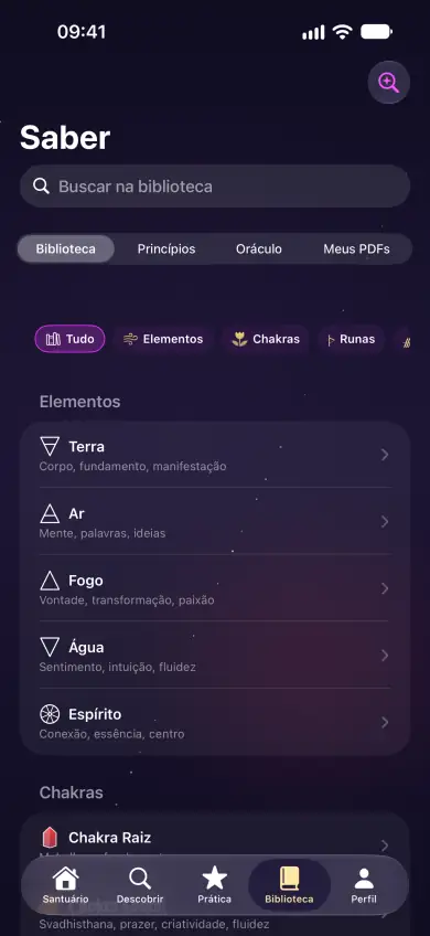 App Hekether no iPhone: biblioteca de ervas, cristais, runas e fontes