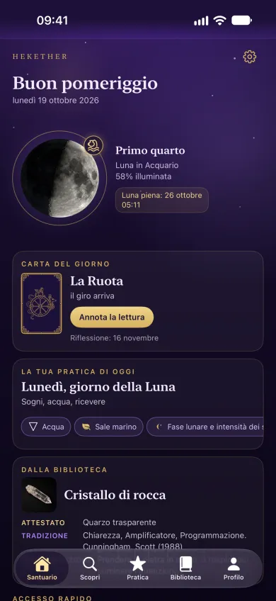 App Hekether su iPhone: Santuario con fase lunare, carta del giorno e pratica di oggi