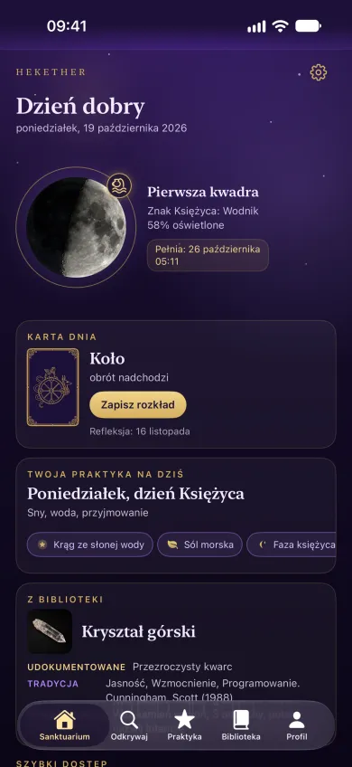 Aplikacja Hekether na iPhonie: Sanktuarium z fazą Księżyca i kartą dnia na dziś