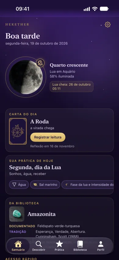 App Hekether no iPhone: Santuário com fase da lua, carta do dia e prática para hoje