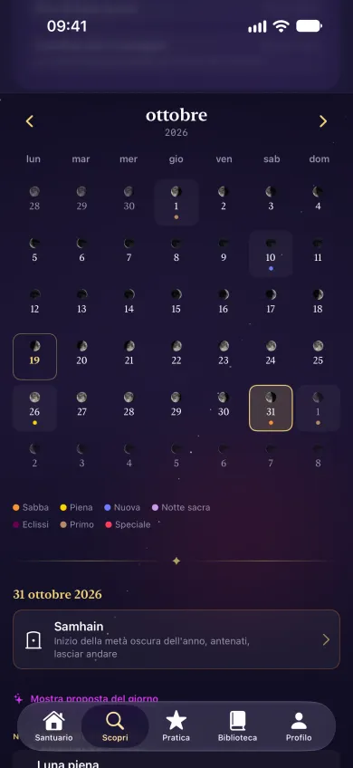 App Hekether su iPhone: calendario lunare con la forma della luna di ogni giorno e le feste