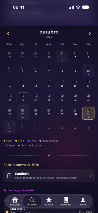 App Hekether no iPhone: calendário lunar com a forma da lua de cada dia e as festas