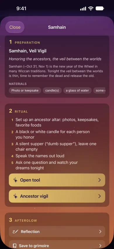 Hekether app on iPhone: Samhain sheet for the night of the ancestors