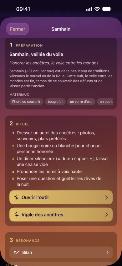 App Hekether : Samhain en 3 étapes avec préparation, rituel et résonance
