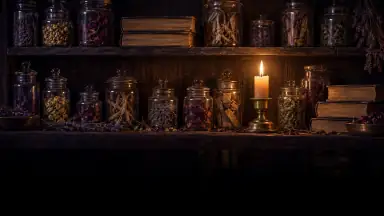 Estante con frascos de hierbas, libros antiguos y una vela encendida