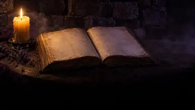 Libro antiguo abierto junto a una vela encendida y lavanda