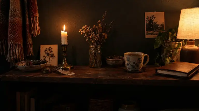 Vela, flores secas, una taza y un libro sobre una mesa de madera oscura