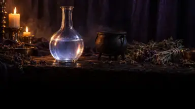 Matraz con agua, un caldero y velas ante una cortina violeta
