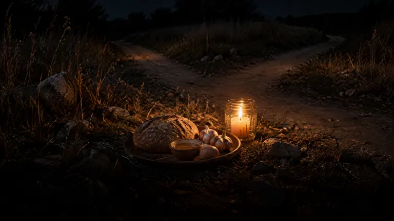 A clay plate with bread, honey, garlic and an egg beside a candle in a jar at a dark crossroads.