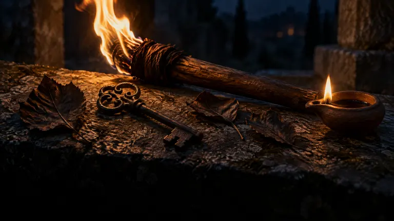 A burning wooden torch, an ornate iron key, dry leaves and a clay oil lamp on dark stone.